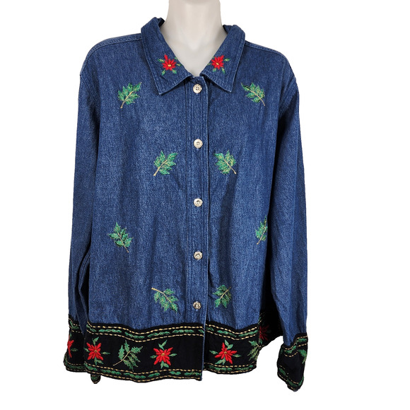 Blair Women Denim Shirt XL Embroidered Festive Poinsettia Holiday Button Front - Picture 1 of 9